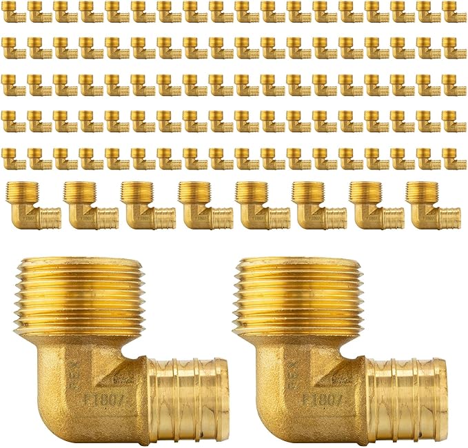 (Pack of 100) EFIELD Pex 3/4 inch x1/2 inch Male NPT Threaded Elbow Barb Crimp Brass Fittings, ASTM F1807,(PEX1807101-100PCS)