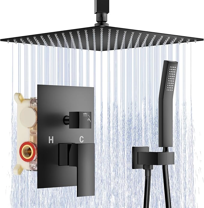 JOMEOO® 12 Inch Matte Black Shower System, Ceiling Mounted High Pressure Rain Shower Head with Handheld Sprayer, Bathroom Luxury Black Shower Head Shower Faucet Set Rough in Valve Body and Trim