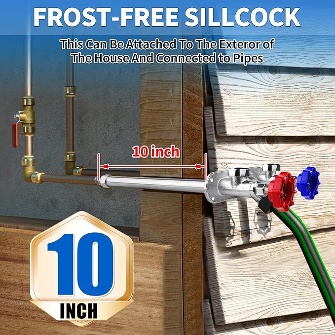 Boltigen 10inch Anti-Siphon Frost Free Hot and Cold Sillcock Valve, Chromed Brass Freeze Proof Outdoor Water Wall Hydrant Faucet, 1/2" NPT X 3/4’’ GHT Hose Bib Frost Free Outside Spigot (10inch)