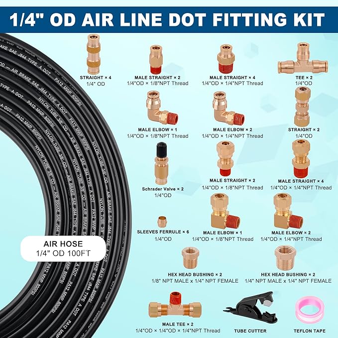 43pcs 100FT 1/4 DOT Air Line Brass Fittings Kit 1/4" OD Quick Push to Connect Fittings Compression Fittings 1/4" SAE J844 PA12 Nylon Air Hose Tubing for Industrial & Truck Brake System