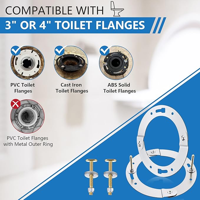2 Piece Toilet Flange Repair Kit, Toilet Flange Repair Ring with 1/4" x 2-1/4" Closet Bolts, Stainless Steel Split Ring for Cast Iron, PVC or ABS(2 Pack)