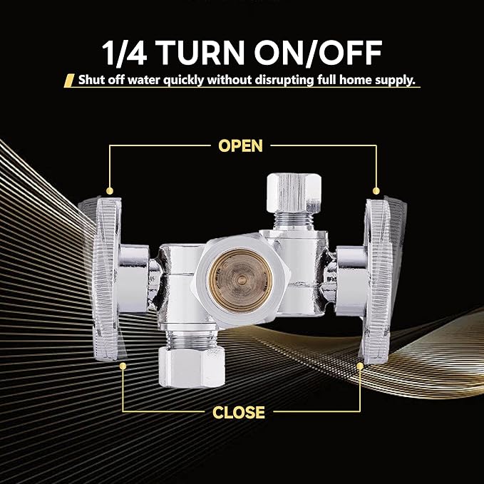 2-Pack Foskan Dual Compression 1/4 Turn Angle Stop Valve with 2 Shut Off Valve/Handles,1/2" NOM (5/8" OD) x 3/8" OD x 1/4" OD,Chrome Plated Brass