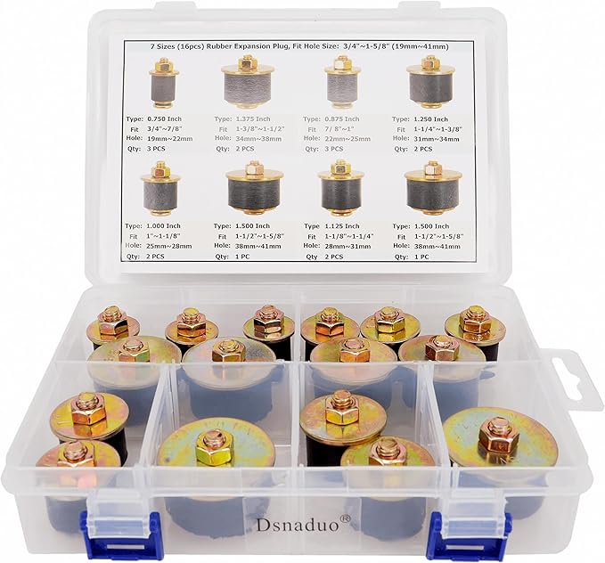 16pcs 7 Sizes Automotive Expandable Freeze Plugs Kit,Rubber Expansion Plug, Fit Hole Size:3/4" 7/8" 1" 1-1/8" 1-1/4" 1-3/8" 1-1/2" (19mm~41mm)