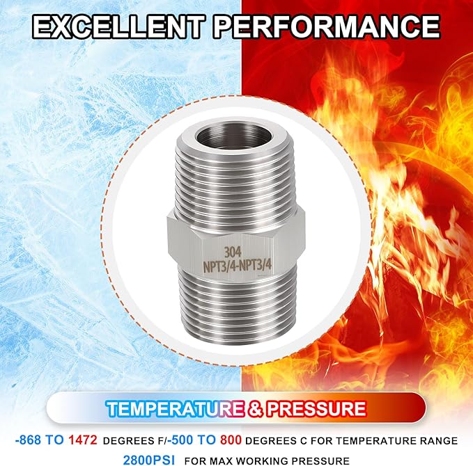1 Pack 304 Stainless Steel Male to Male Adapter, 3/4" Male NPT x 3/4" Male NPT Hex Nipple Pipe Extension Fitting for Industrial, Automotive, Fluid Transfer, Home Gardening, Water