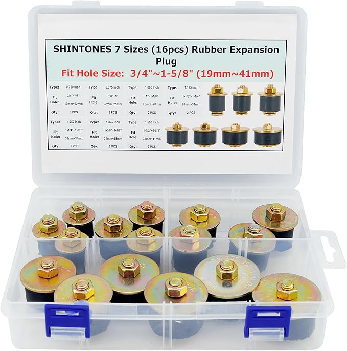16pcs Automotive Rubber Expansion Plug, 7 Sizes Rubber Expandable Freeze Plugs Kit Fit Hole Size:3/4" 7/8" 1" 1-1/8" 1-1/4" 1-3/8" 1-1/2" (19mm~41mm)