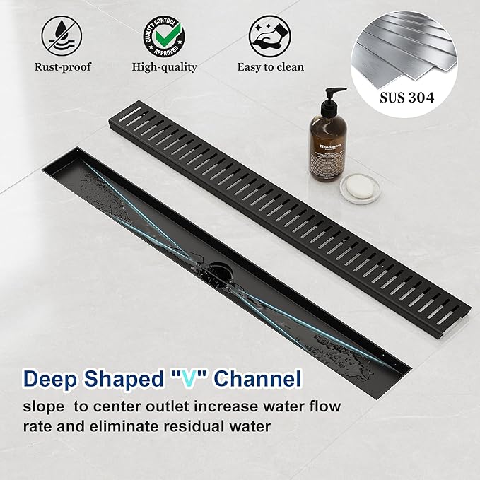 Neodrain 28" Matte Black Bathroom Linear Shower Drain with Removable Capsule Pattern Grate, 304 Stainless Steel Shower Floor Linear Drain- CUPC Certified with Hair Strainer