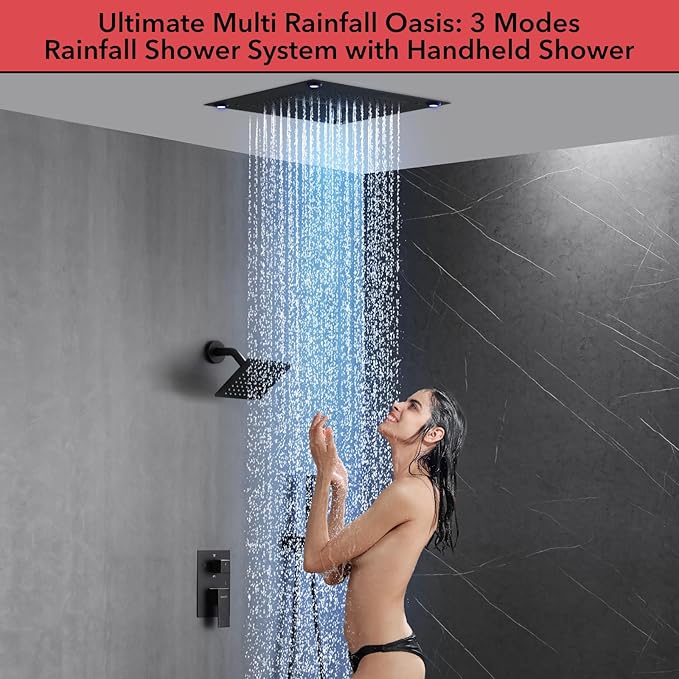 VANFOXLE Shower Faucet Set Matte Black Four Modes Shower System,Shower Faucet with 2 in 1 Handheld,Ceiling Mount 16 Inch LED Shower Head(Rain and Waterfall)+6 Inch Shower Head
