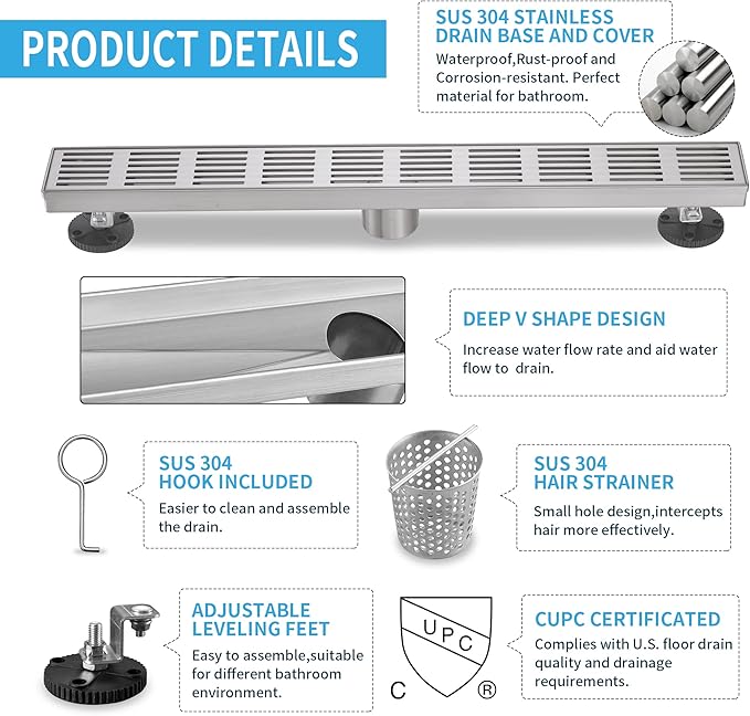 Linear Shower Drain 36 Inch, Professional Brushed SUS-304 Stainless Steel Shower Drain, 51L/Min Fast Drainage Floor Linear Drain, US Standard CUPC Certified, Brushed Silver, SD-109