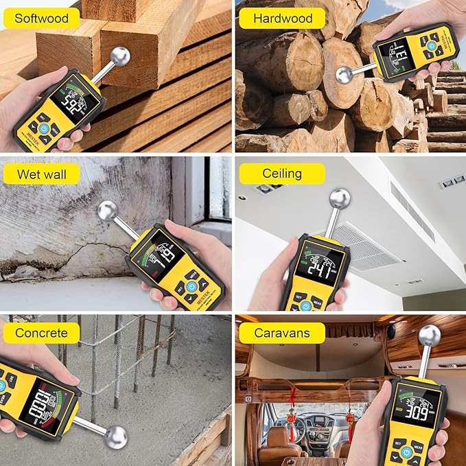 MESTEK Wood Moisture Meter for Non-Destructive Moisture Detection in Drywall, Wood, and Masonry, Moisture Tester with Backlit Color LCD Display & Alarm Function, Detects up to 20-40mm Below Surface