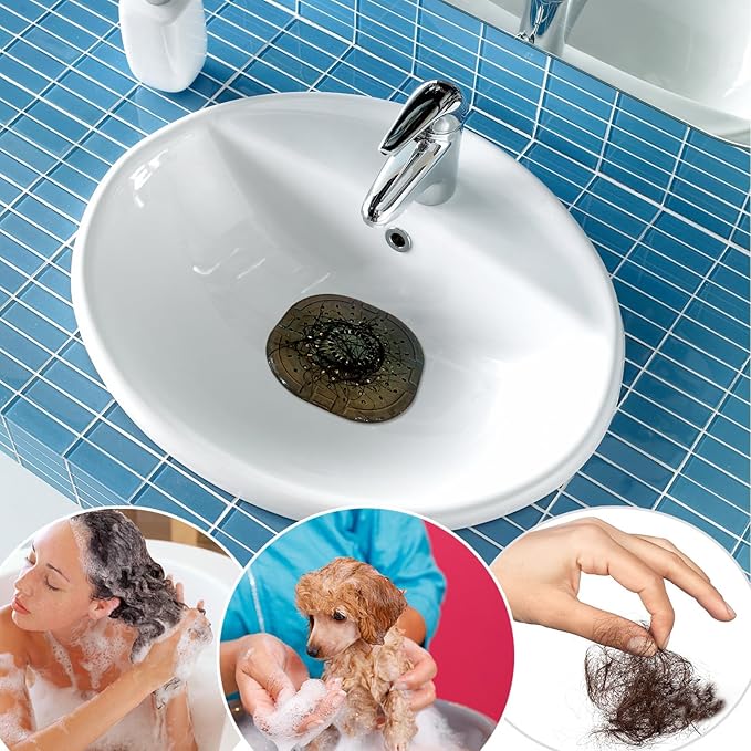 Hair Drain Catcher,Square Drain Cover for Shower Strong Adhesion Silicone Hair Stopper with Suction Cup,Easy to Install Suit for Bathroom,Bathtub,Kitchen 2 Pack (Jet Black White)