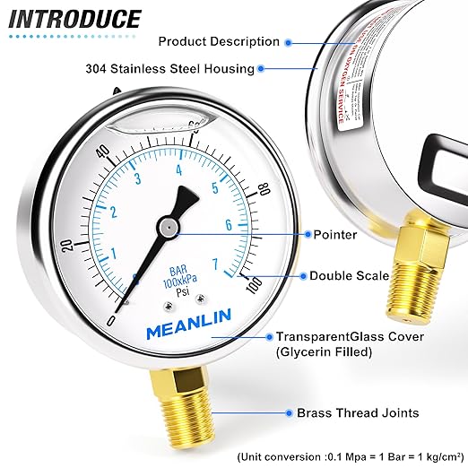 MEANLIN MEASURE 0~100Psi Stainless Steel 1/4" NPT 2.5" FACE DIAL Liquid Filled Pressure Gauge WOG Water Oil Air Lower Mount, with 1/2" NPT and 3/8" NPT Hex Bushing