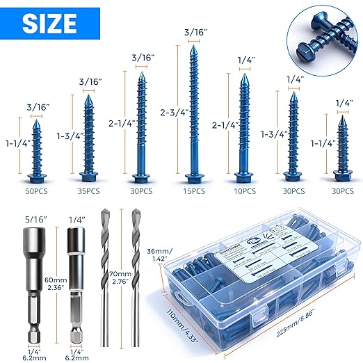 200PCS Concrete Screws, 3/16" 1/4" Masonry Screws with Drill Bit and Driver Bit, 7 Sizes Hex Head Cement Screws for Masonry, Block or Brick, Diamond Point, Blue Coated