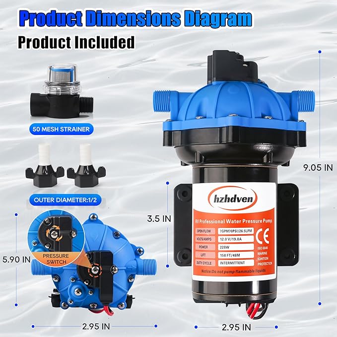 [Upgraded Version] 12V DC RV Fresh Water Pump, 7GPM 70PSI, Five Chamber Self-Priming Diaphragm Pump with Heavy Duty Pressure Switch & Strainer for RV, Marine, Yacht, Caravan, Camper