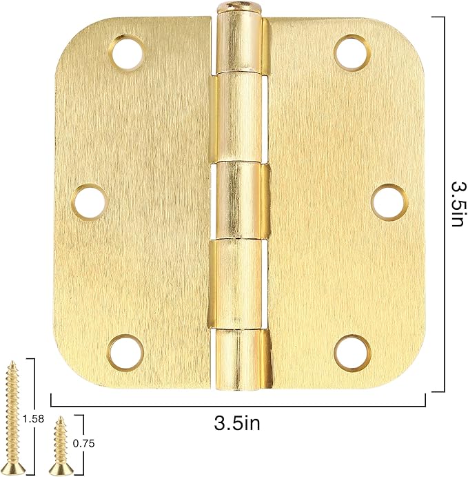 Door Hinges Satin Brass 3.5 Inch x 3.5" Interior Gold Door Hinges for Doors 18 Pack Brushed Brass Door Hinge 3-1/2" Rounded 5/8" Radius Corners Bedroom Residential Standard Indoor Door Hardware Hinge