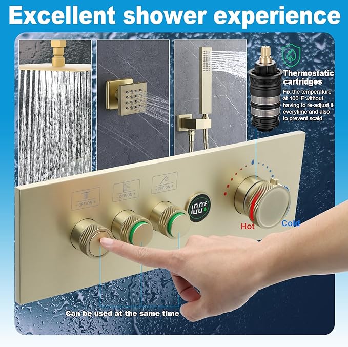 Enga 3-Function Shower Mixing Valve, Temperature Display Push-Button Thermostatic Valve with Flow Volume Control, Brushed Gold
