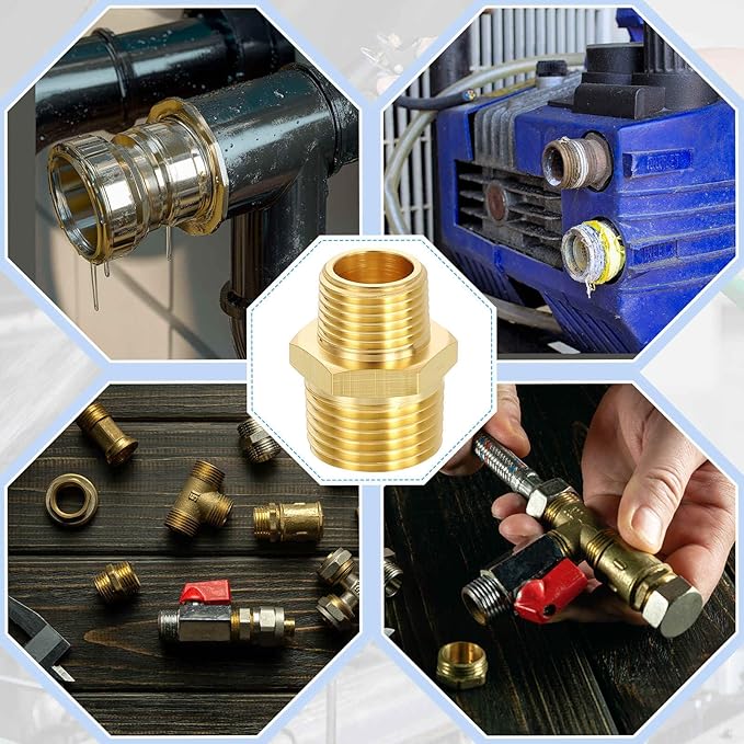 4 Pack Brass Pipe Fittings, 1/2" NPT Male to 3/8" NPT Male Brass Hex Nipple, Male Pipe Adapter Reducer for Air, Oil, LP