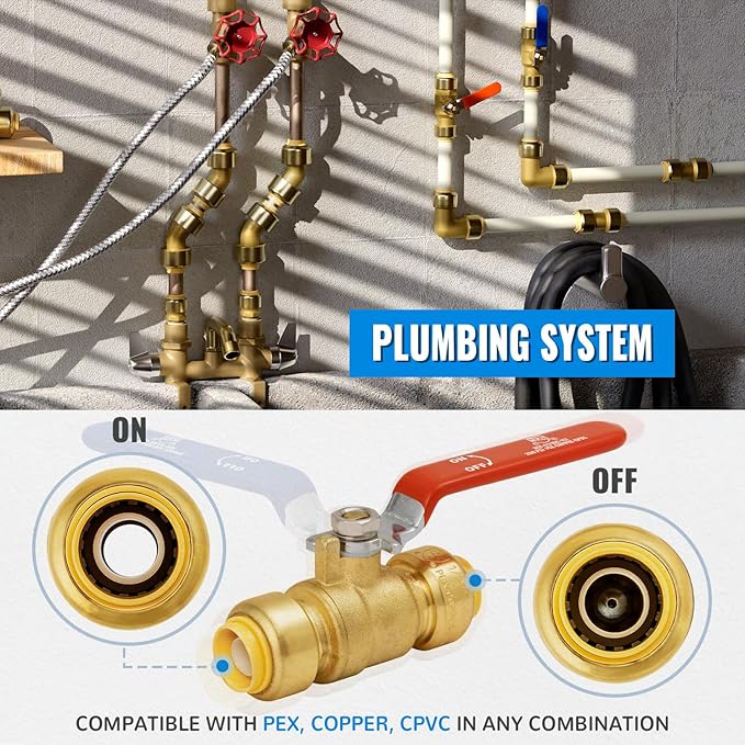 Shut Off Ball Valve 1/2 Inch, SUNGATOR 1/2 Inch Ball Valve, Push-to-Connect Water Shutoff, Easily Match to Pipe using Red and Blue Handle, No Lead Brass Fittings for PEX Pipe, Copper, CPVC, Pack of 6