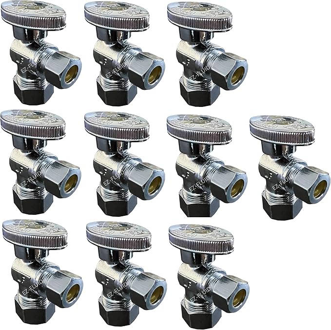 (10 Pack) EZ-Fluid 1/2" Nom. (5/8" OD) × 3/8" OD Compression Angle Stop Valve Chrome Brass, 1/4 Turn Water Shut-Off Valve for for Sink, Bathroom, Kitchen, Laundry Plumbing