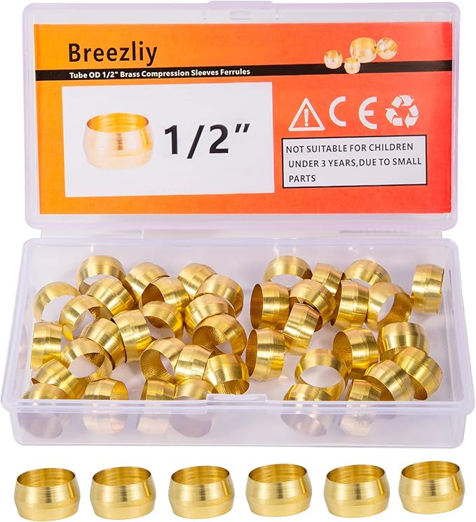 40PCS Tube OD 1/2" Brass Compression Sleeves Ferrules,Brass Compression Fitting Assortment Kit