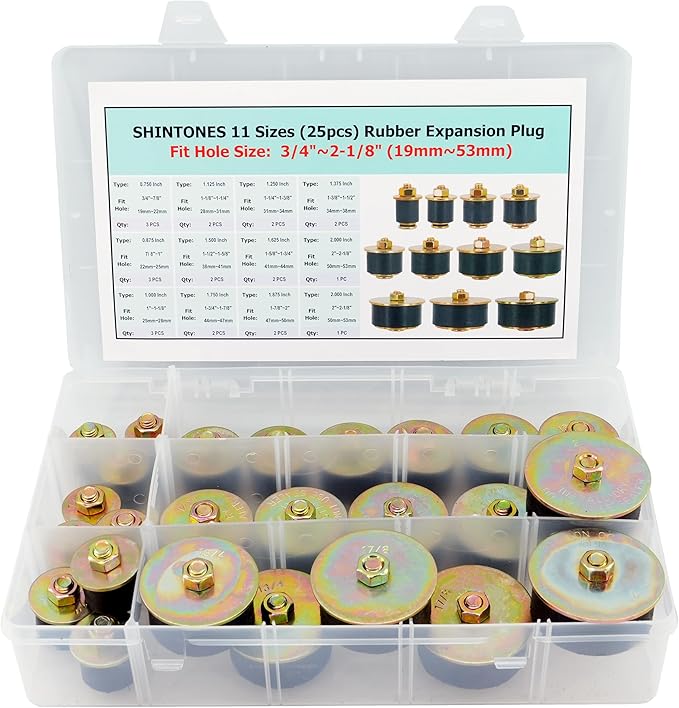 25pcs Automotive Rubber Expansion Plug, 11 Sizes Rubber Expandable Freeze Plugs Kit Fit Hole Size:3/4"~2-1/8" (19mm~53mm)