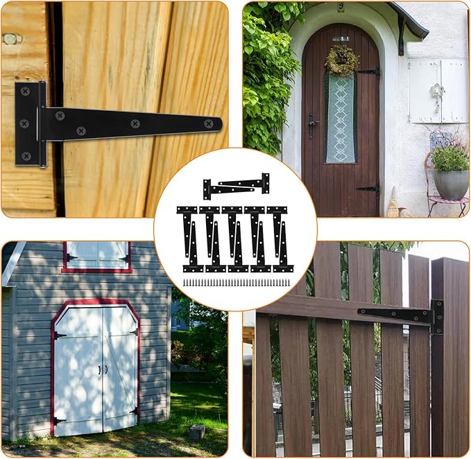 12 Pack 6 Inch T Strap Hinges, Shed Door Gate Hinges, Heavy Duty Black Outdoor Tee Hinge for Wooden Fences, Barn Door Gates Hinge for Shed Door Hardware