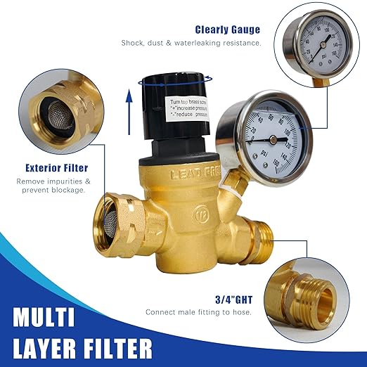 Hourleey RV Water Pressure Regulator, Adjustable Handle Brass Water Pressure Regulator, Water Pressure Reducer with Gauge and Inlet Screened Filter for RV Camper Travel Trailer