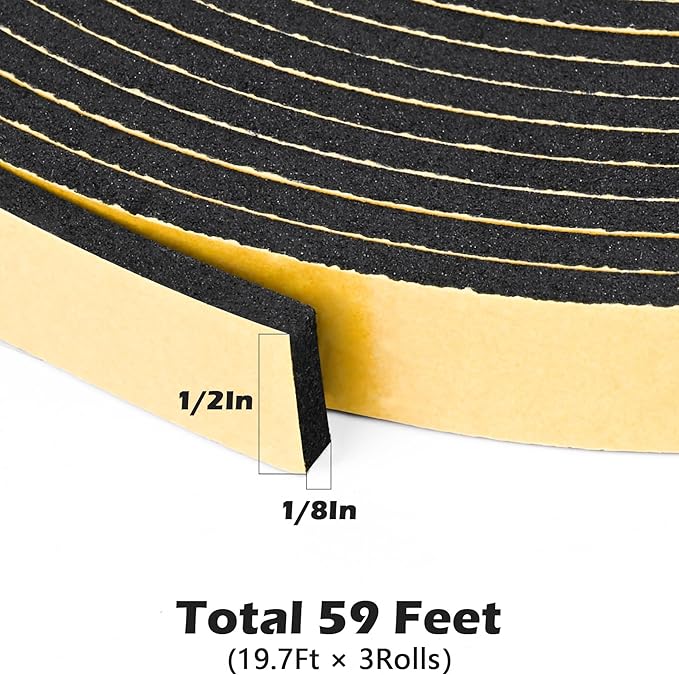 ToLanbbt Black Door Window Weather Stripping Self Adhesive Foam Tape High Density Foam Sealing Strip Window Insulation Weatherproof Gasket Tape 1/2" Wide X 1/8" Thick, 19.7 Ft X 3 Rolls, Total 59 Feet