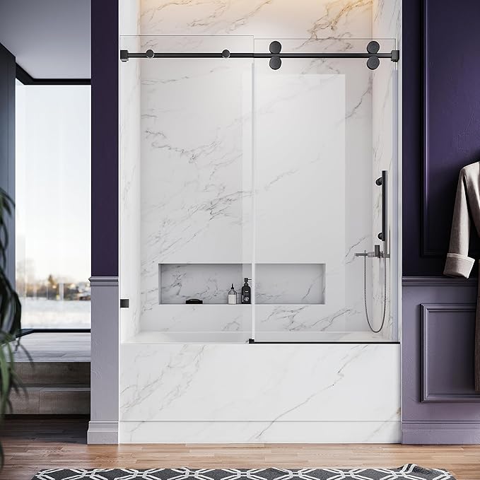 56-60 Inch x 66 Inch Sliding Frameless Bathtub Door, 3/8" Tempered Glass with Easy-Cleaning Coating, Stainless Steel Rollers & SGCC-Certified Stability, Matte Black