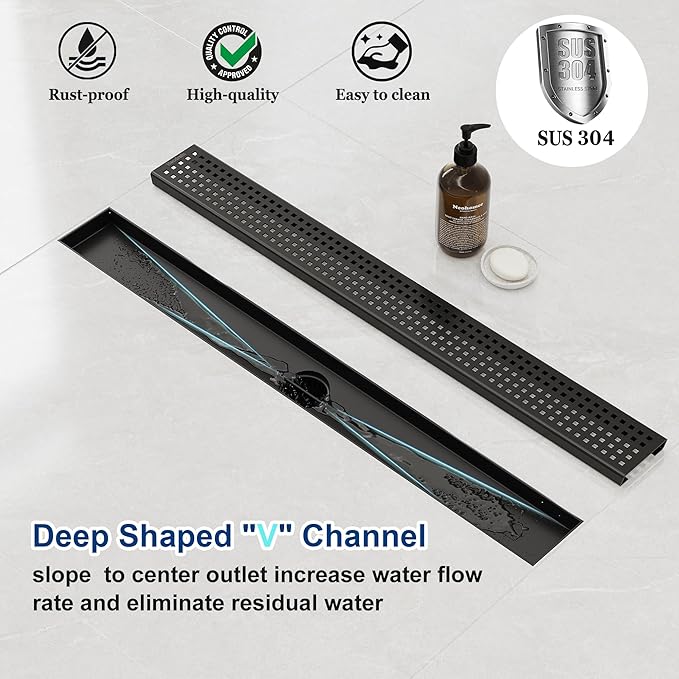 Neodrain 28-Inch Black Linear Shower Drain with Removable Quadrato Pattern Grate,Professional 304 Stainless Steel Rectangle Shower Floor Drain Manufacturer,Leveling Feet,Hair Strainer,Matte Black