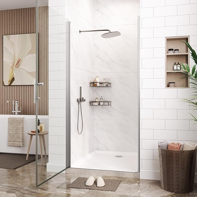 Frameless Hinged Shower Door with Pivot - 34 Inch Wide x 72 Inch High, 1/4" (6mm) Clear Tempered Glass, Reversible Inswing or Outswing Door, Easy-Clean Hydrophobic Coating, Brushed Nickel Finish