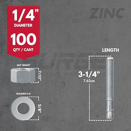 1/4" x 3-1/4" Zinc-Plated Wedge Anchors for Concrete and Cement | Heavy-Duty 1/4 Concrete Anchors (Box of 100)