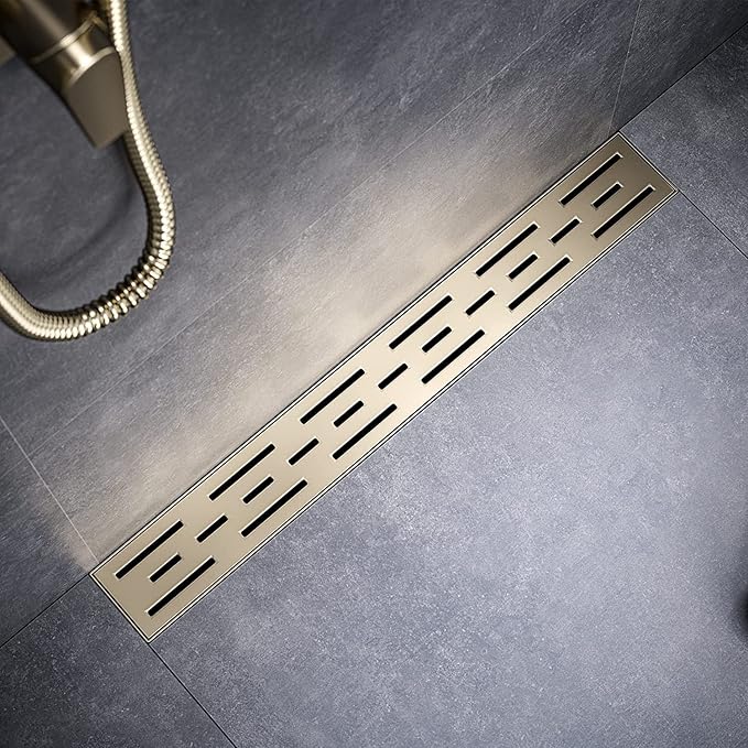 Linear Shower Drain, Brushed Gold Shower Drain 32 Inch with Removable Grate, SUS-304 Stainless Steel Rectangle Floor Drain with Leveling Feet and Hair Strainer, Bathroom Modern Drain SD-101