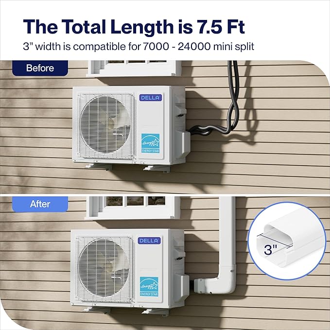 Della 3" 7.5 Ft Mini Split Line Set Cover, Decorative PVC Lineset Cover Kit, Paintable for Mini Split Air Conditioner, HAVC & Heat Pumps Systems Tubing Cover, White