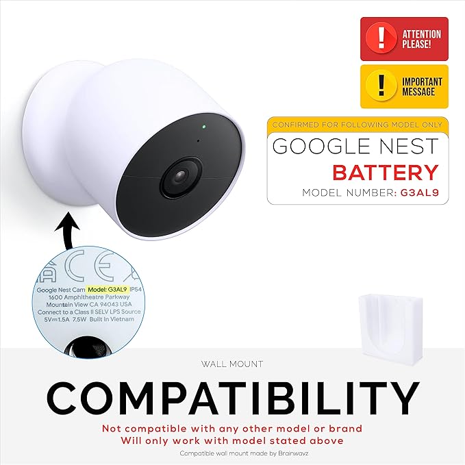 Wall Mount for Google Nest Battery Security Camera Holder - Adhesive & Screw-in, No Hassle Installation, Easy Slot-in Design (White) by Brainwavz