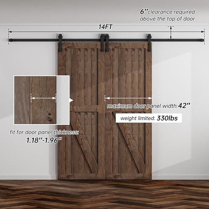 14FT Sliding Barn Door Hardware Kit for Double Door, Sliding Door Track, Easy to Install, Smoothly and Quietly, Fit 1.18-1.96" Thicknesses Fit Double 42" Wide Door (J Shape Hanger)