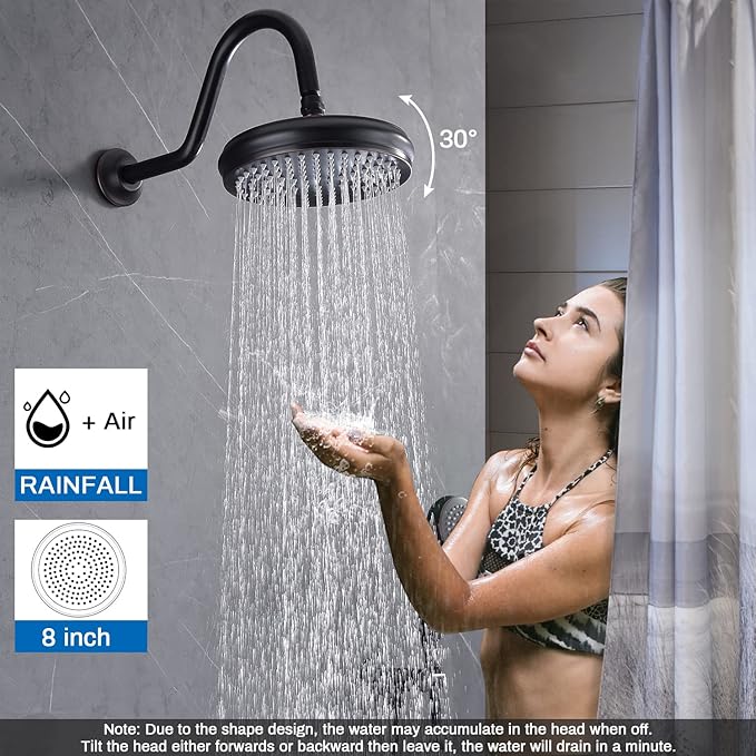 ENGA Antique Shower Faucet Sets Complete Oil Rubbed Bronze Shower System with Jets 8 inch Rainfall Head and Handheld Spray Fixtures Combo, 3 Way Diverter Brass Rough in Valve Trim Kit