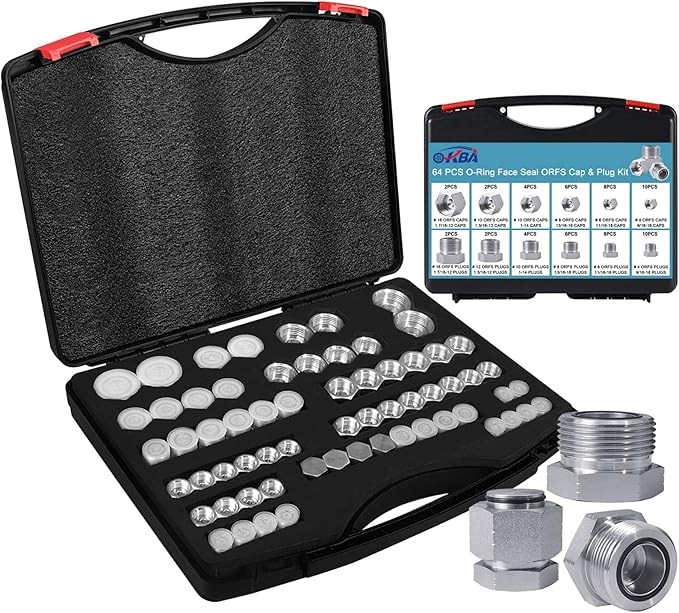 64pcs ORFS Cap and Plug Kit O Ring Face Cap and Plug Kit,Hydraulic Plugs and Caps Kit with Precision Threaded in ORFS,Sizes-04 06 08 10 12 16