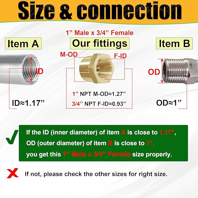 2 Pcs Brass 1" Male to 3/4" Female Reducer Bushing, 1 Inch Male to 3/4 Inch Female NPT Pipe Fitting Reducing Adapter Tube Connector Convert (1" MNPT x 3/4" FNPT)