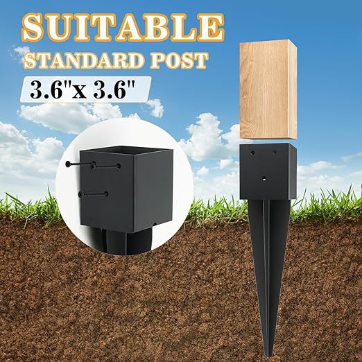 2 Pcs 4"x4" Fence Post Anchor Ground Spike,(Internal 3.6"x3.6"),Metal Post Stake Ground 16" with Black Powder-Coated,Fence Stakes Post Base for Deck,Fence,Porch,Railing,Mailbox.