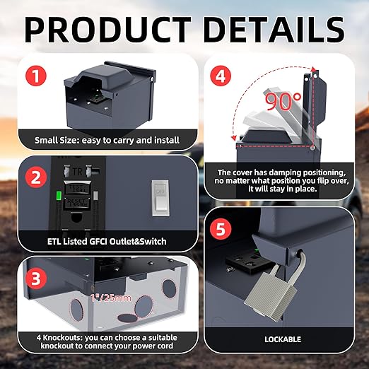 Joinfworld Outdoor Electrical Outlet Box with 20 Amp WRTR GFCI Receptacle and Switch ETL Listed Weatherproof GFCI Outlet Box with 3R Enclosure Rainproof Cover