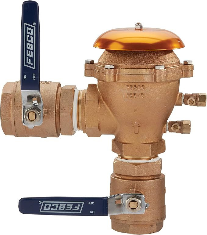 Febco 765 Series 2" Bronze Pressure Vacuum Breaker Backflow Preventer, Quarter Turn Shutoff, NPT Connections, Spring-Loaded Check Valves, Max Pressure 150 psi, Industrial Plant, Irrigation System