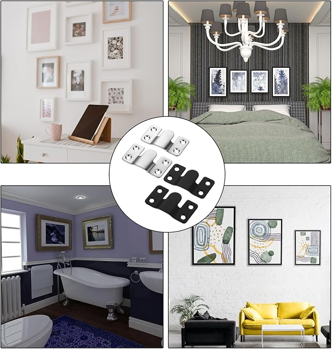 4 Pairs Flush Mount Bracket with Screws Stainless Steel Heavy Duty Photo Frame Hook Furniture Connector Art Gallery Wall Mount Hardware for Hanging Large Picture Display (Silver, Black)