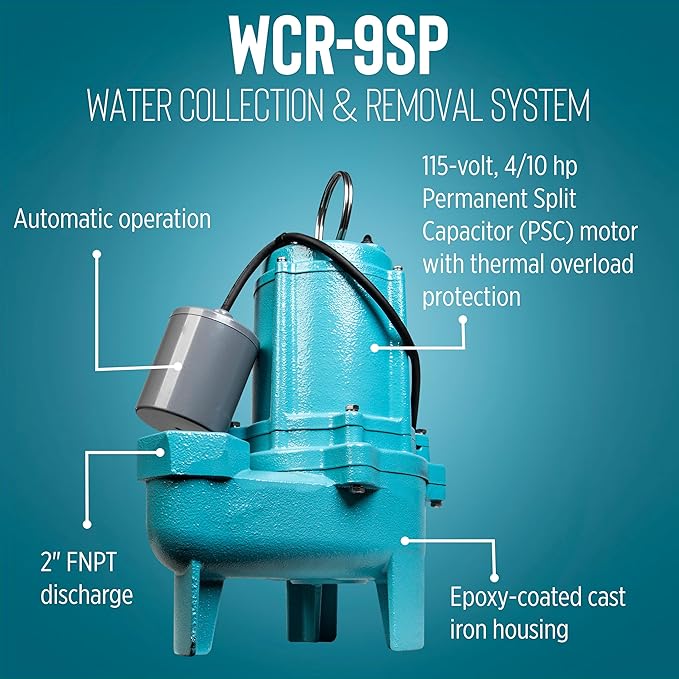 Little Giant WCR-9SP 115 Volt, 4/10 HP, 4800 GPH Automatic Outdoor Water/Seepage Collection and Removal System with Sewage Pump, 20' Piggyback Float Switch, Structural Foam Cover, Green/Blue, 509081