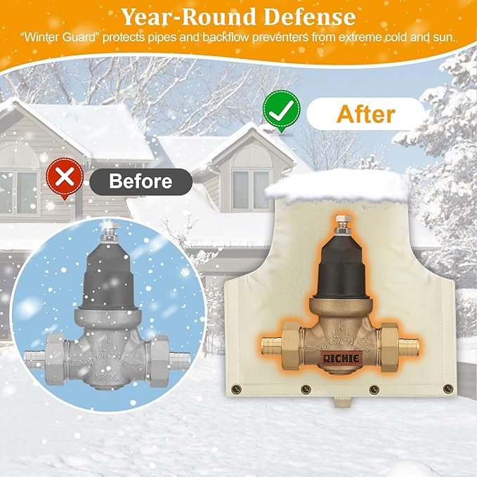 Backflow Preventer Insulated Cover (5°F) for Winter Freeze Protection, 14"W x 13"H Thickened Pressure Reducing Value & Well Pump Cover, Outdoor Waterproof Insulation Pouch for Sprinkler Valve, Beige