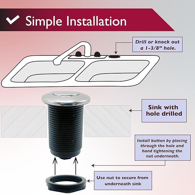 Disposal Air Switch Kit for Garbage Disposal Hands-Free On/Off Control UL Approved Includes 6' Air Tube 1-3/8" Air Button Safe & Convenient for Kitchen No Wiring Needed (Flat Black)
