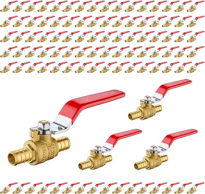 100-Pack Foskan 1/2 Inch PEX Crimp Full Port Ball Valve with Red Handle, Brass Quarter Turn Shut-off Valve for PEX Tubing
