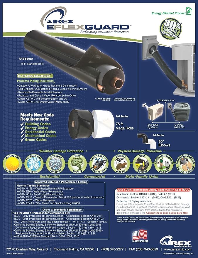 Airex Model 72C-B, E-Flex Guard Black Line Set Cover/Protector/Sleeve for 5/8"", 3/4"" or 7/8"" Copper Tubing w/ 3/4"" Wall Insulation (6 Feet Length)