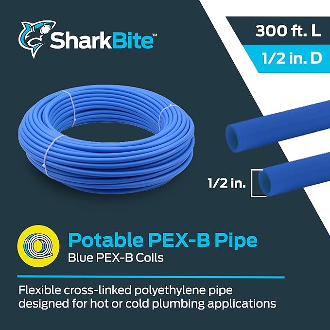 SharkBite 1/2 Inch x 300 Feet Blue PEX-B, PEX Pipe Flexible Water Tubing for Plumbing, U806B300