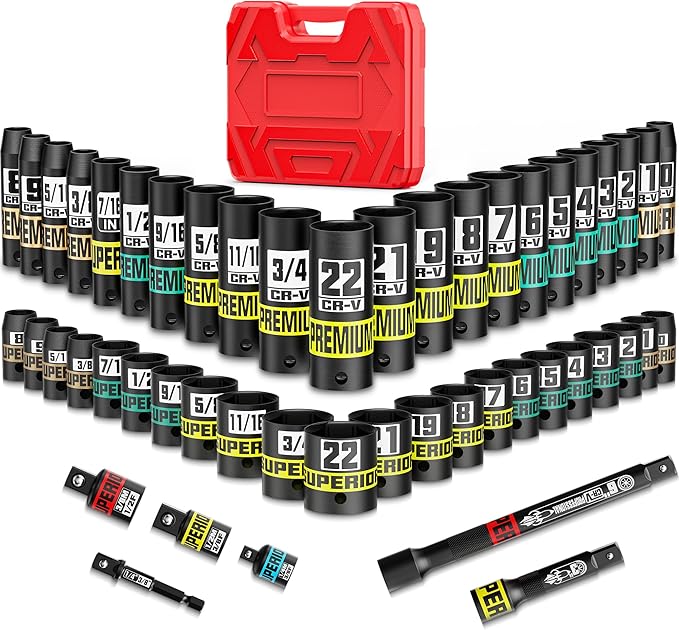 3/8" Drive Impact Socket Set, 50-Piece Standard SAE 5/16 to 3/4 inch and Metric 8-22mm, Cr-V Steel, 6 Point, with Extension Bars and Adapters, for Impact Wrenches, Automotive and Home