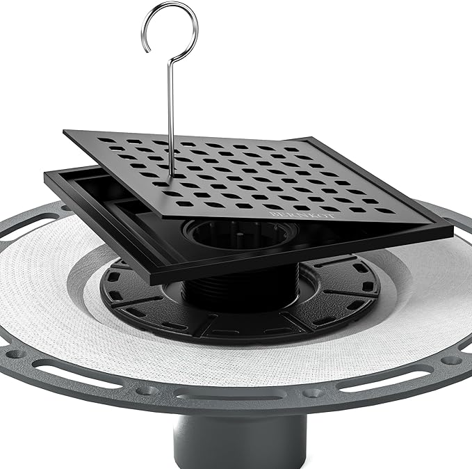 Square Shower Drain, 6" Matte Black with PVC Bonding Flange Base 304 Stainless Steel Drain Grate Removable with Stainless Drain Key for Low Profile Shower Tiles, CUPC Certified